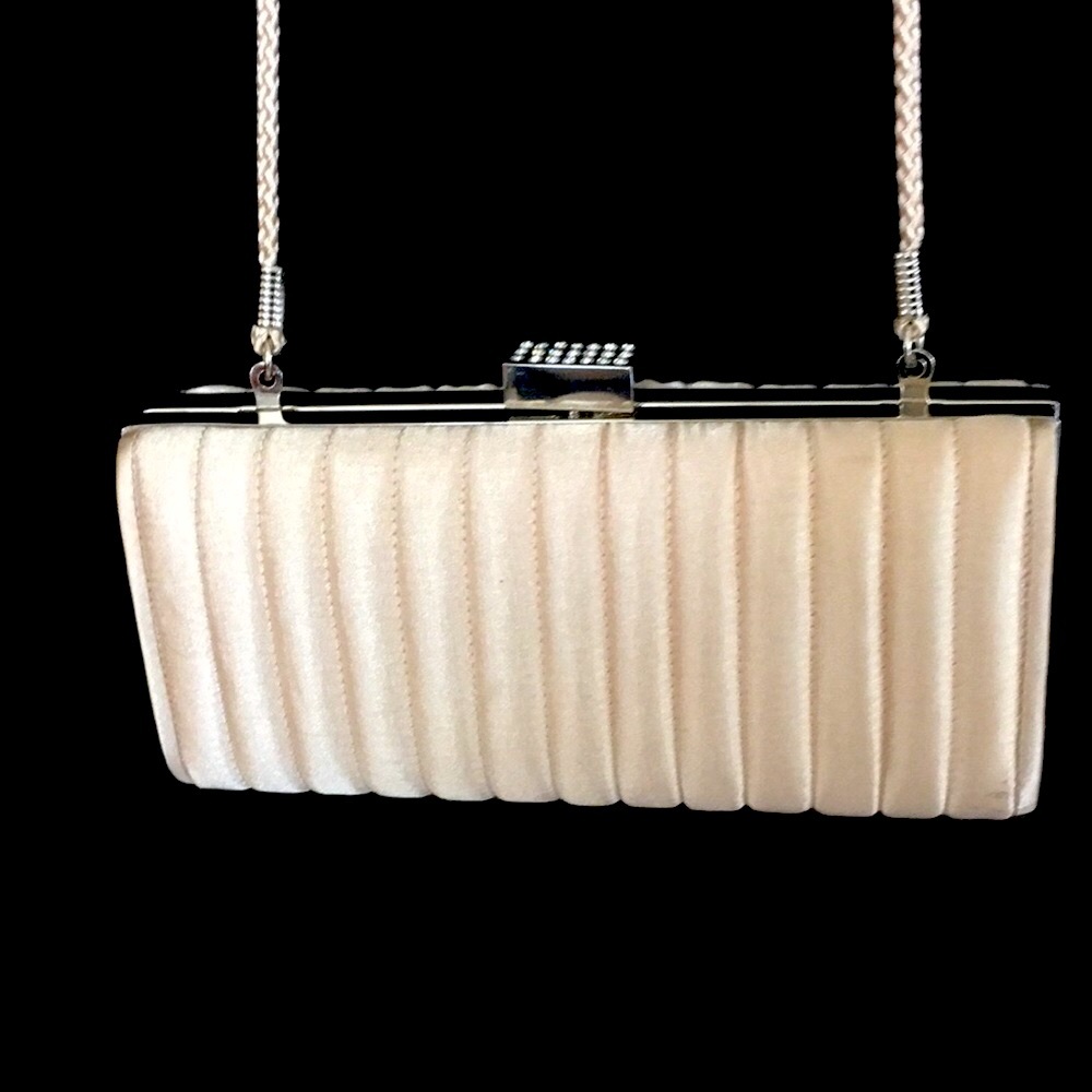 Beige Evening Purse w/long material rope shoulder strap & rhinestone closure.